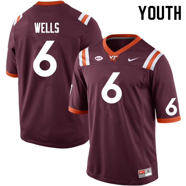 Youth #6 Grant Wells Virginia Tech Hokies College Football Jerseys Sale-Maroon